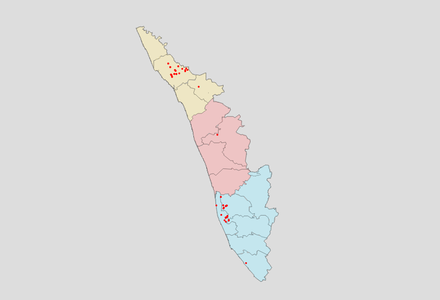 Kerala districts colored separately