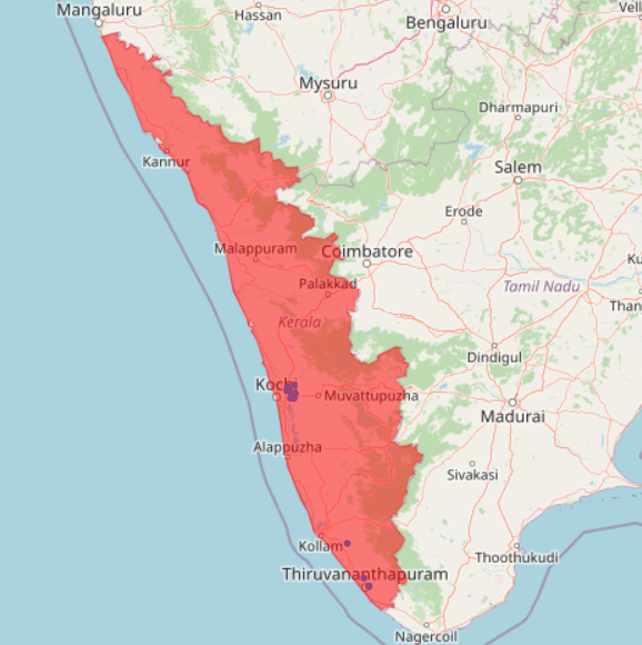 Kerala region colored in red